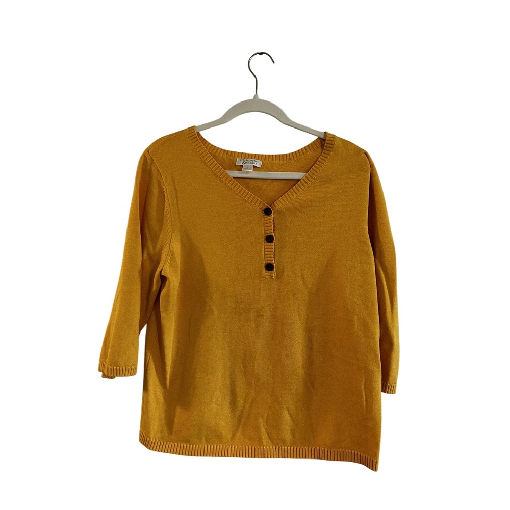Christopher & Banks Womens L Yellow V Neck‎ 3/4 Sleeve Cotton Sweater Top